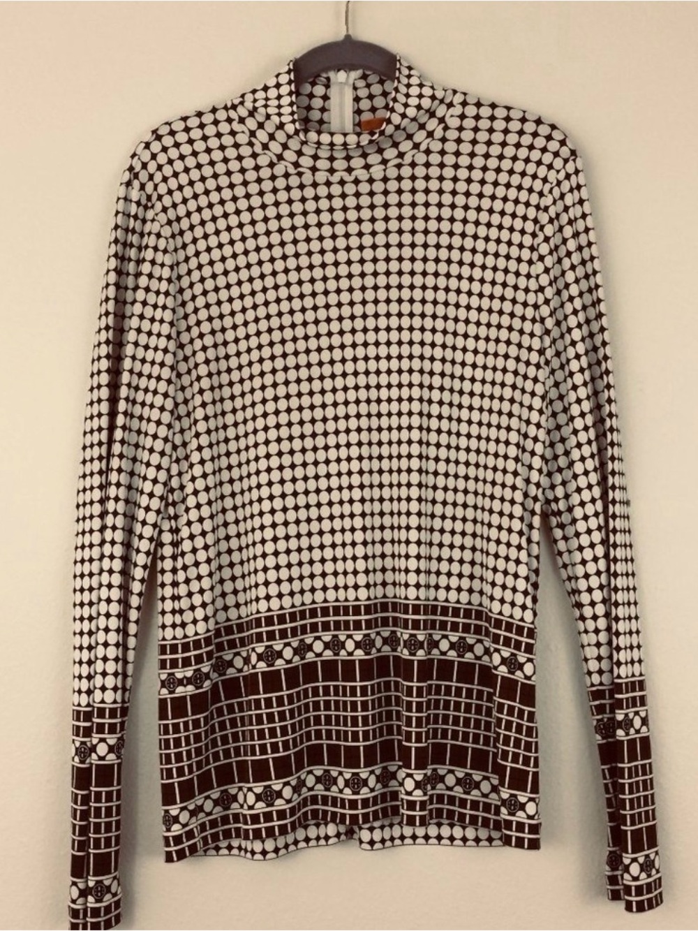 Tory Burch Polka Dot Mock Neck Long Sleeve Top - Brown & Cream